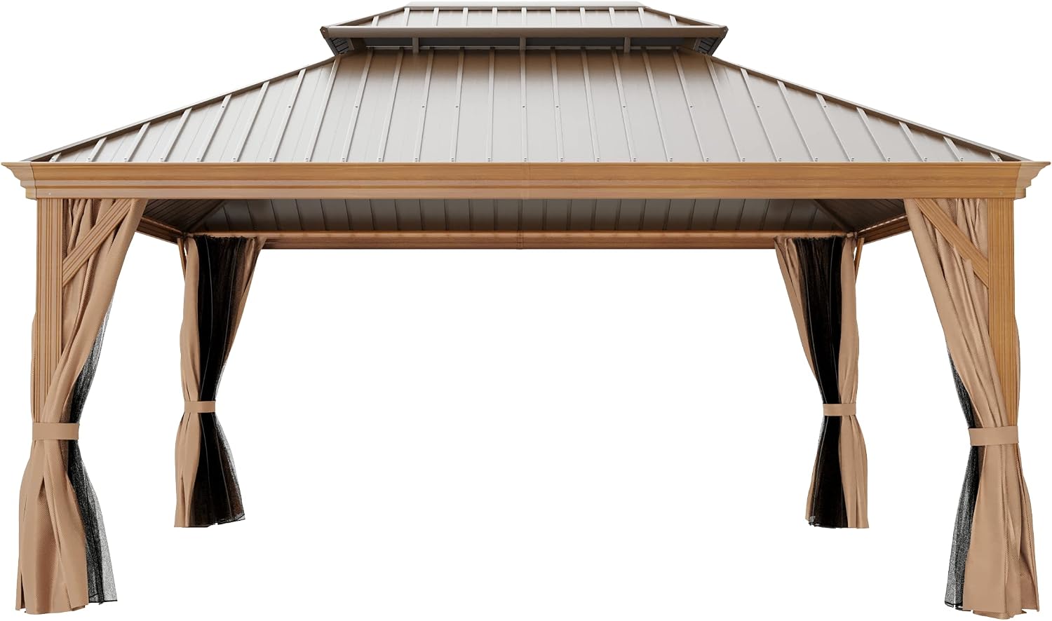 12'x16' Hardtop Gazebo, Outdoor Aluminum Patio Gazebo Double Roof Galvanized Steel Canopy Wooden Finish Coated with Netting and Curtains for Garden, Backyard, Deck and Lawns.