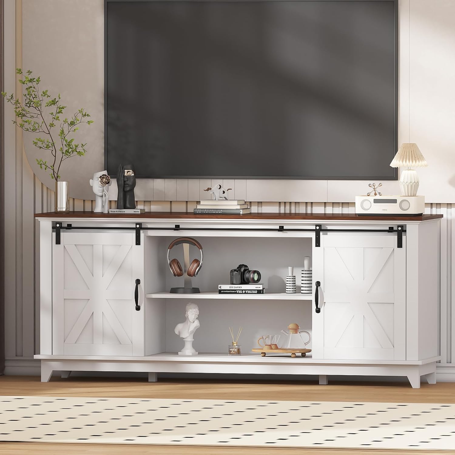 Garvee Home Farmhouse TV Stand for 75 in Television, Wood Entertainment Center with Storage & Barn Doors, Adjustable Shelf Media TV Console Table Cabinet for Living Room, 66 in Large, White