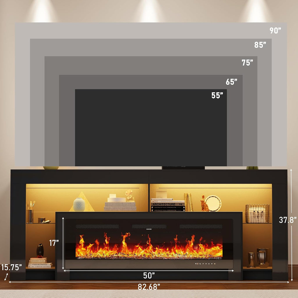 82' Modern High Gloss Fireplace TV Stand with 50' Fireplace, Entertainment Center with Electronic Flame and LED Lights, TV Console Cabinet, Black