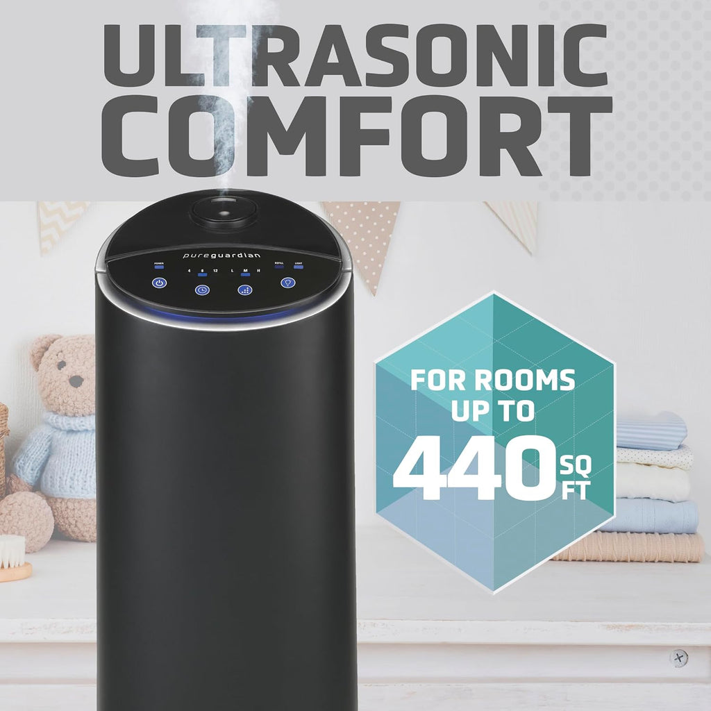 Pure Guardian Ultrasonic Cool Mist Humidifier, 100 Hour Run Time, 1.5 Gallon Tank, 440 Sq. Ft. Coverage, Medium Rooms, Quiet, Filter Free, Black, H3200BAR