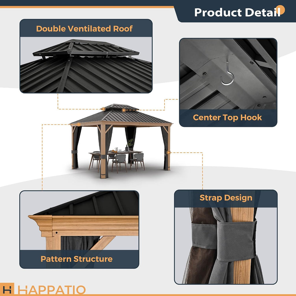 HAPPATIO 10' x 12' Hardtop Gazebo, Outdoor Wood Grain Frame Aluminum Gazebo, Double Roof Permanent Patio Canopy with Netting and Curtains for Garden, Patio, Lawns, Parties (Grey)