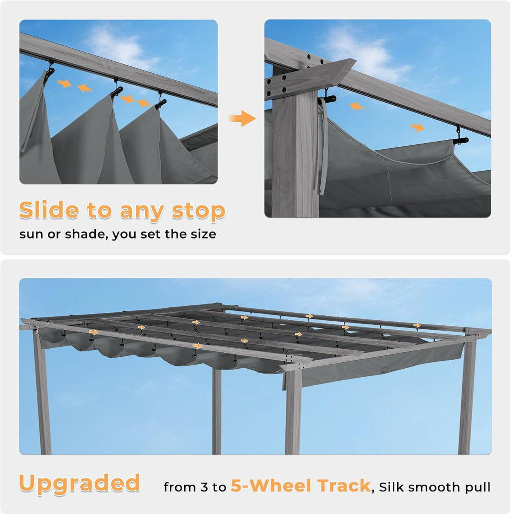 HAPPATIO 12' X 12' Wood-Grain Retractable Pergola with Sun Shade Canopy, Patio Aluminum Frame Shelter for Backyards, Gardens, Porch, Includes Ground Studs and Expansion Screws (Grey)