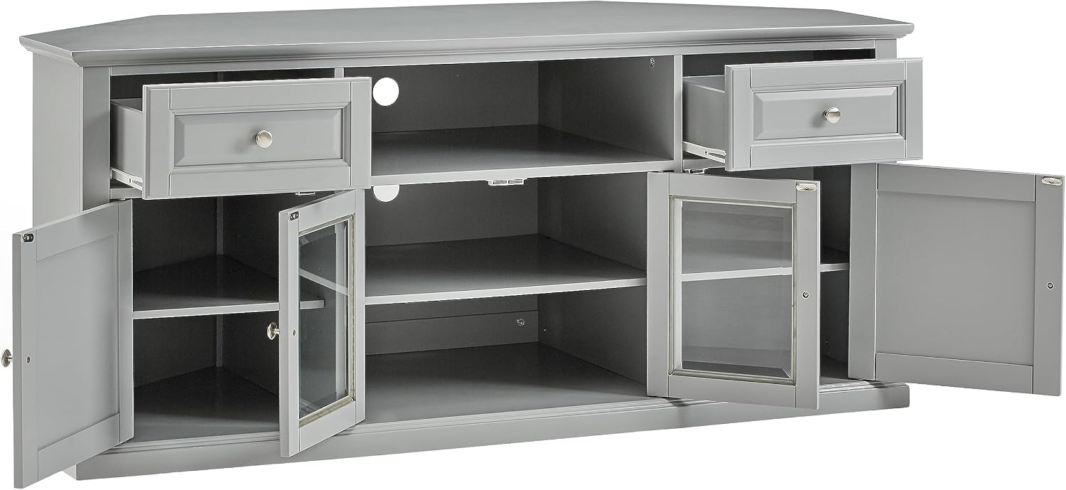 Crosley Furniture Corner TV Stand for 65+ inch TVs, Entertainment Center with Adjustable Storage Shelves, Gray