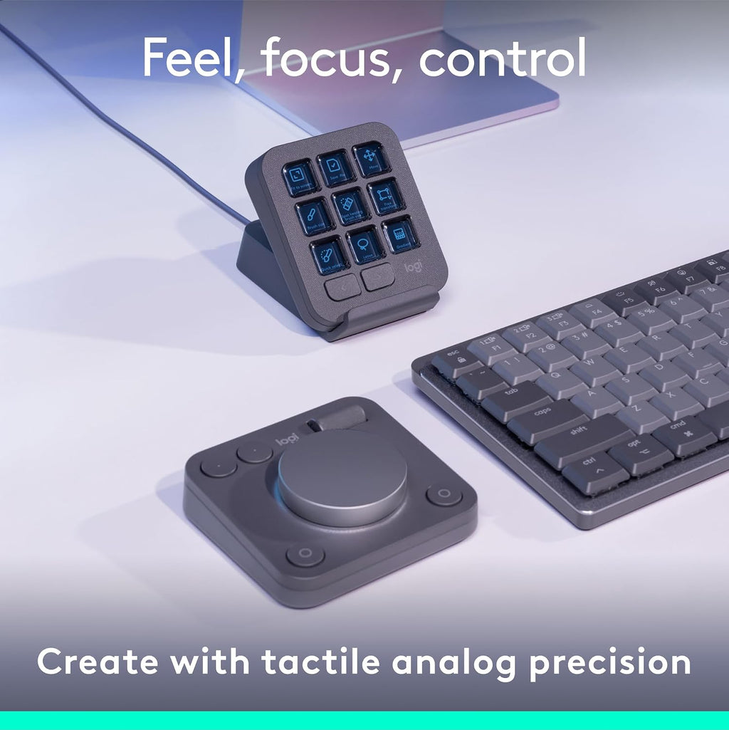 Logitech MX Creative Console, 9 Customizable LCD Keys, Stream Deck Accessories,Connectivity Technology USB-C, Control Dial for Graphic Design, Zoom, Spotify - Graphite, 3-Month Adobe Cloud Membership