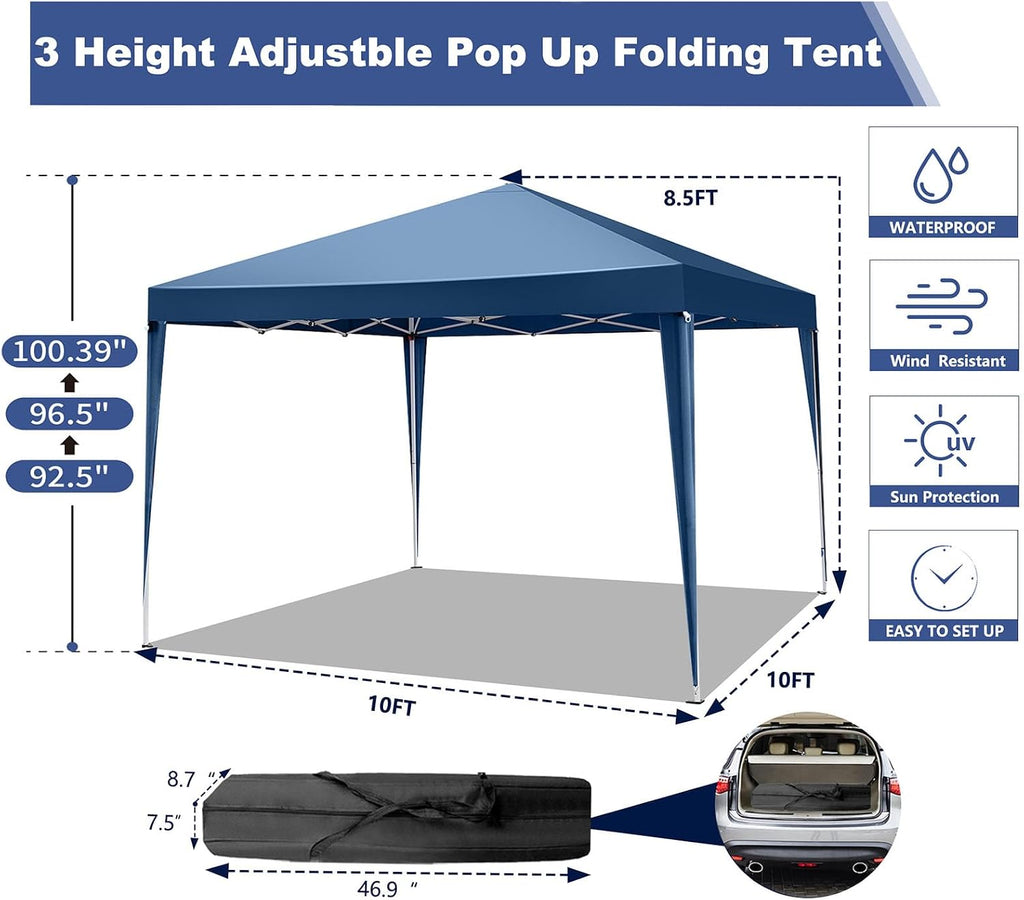 10x10 Pop Up Canopy Tent with Sidewalls, 3 Height Adjustable Beach Tent with Carrying Bag, 8 Stakes & 4 Ropes, Easy Set Up Gazebo for Events, Party, Wedding (10x10FT Blue with 4Sidewalls)
