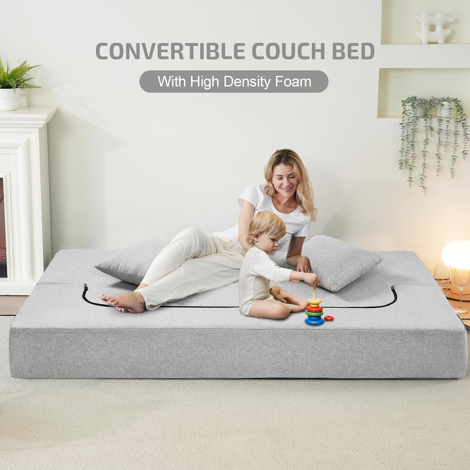 SUYOLS 2-in-1 Folding Sofa Bed with Pillows - Folding Chair Floor Couch & Sleeping Mattress - Washable Cover & Memory Foam Sleeper Chair for Living Room/Guest Room/Apartment/Loft, Light Gray, Twin XL