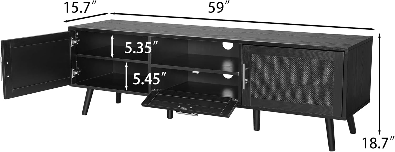 Finnhomy 59 Inch Boho TV Stand for up to 70 inch TV, TV Console with 2 Hand Made Rattan Decorated Doors, Living Room Entertainment Center TV Table with Storage, Black
