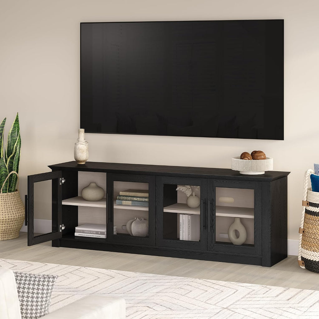 Henn&Hart TV Stand for TVs up to 78' with 2 Display Cabinets and Adjustable Shelves for Living Room, Family Room, or Office, Natural Black/Beech White