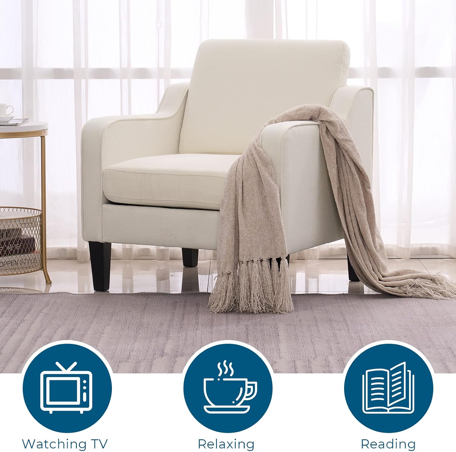 VINGLI Mid Century Modern Accent Chair, Beige Fabric Accent Chairs for Living Room Upholstered Armchair Sofa with Scooped Arms for Bedroom, Apartment, Studio, Office, Waiting Room