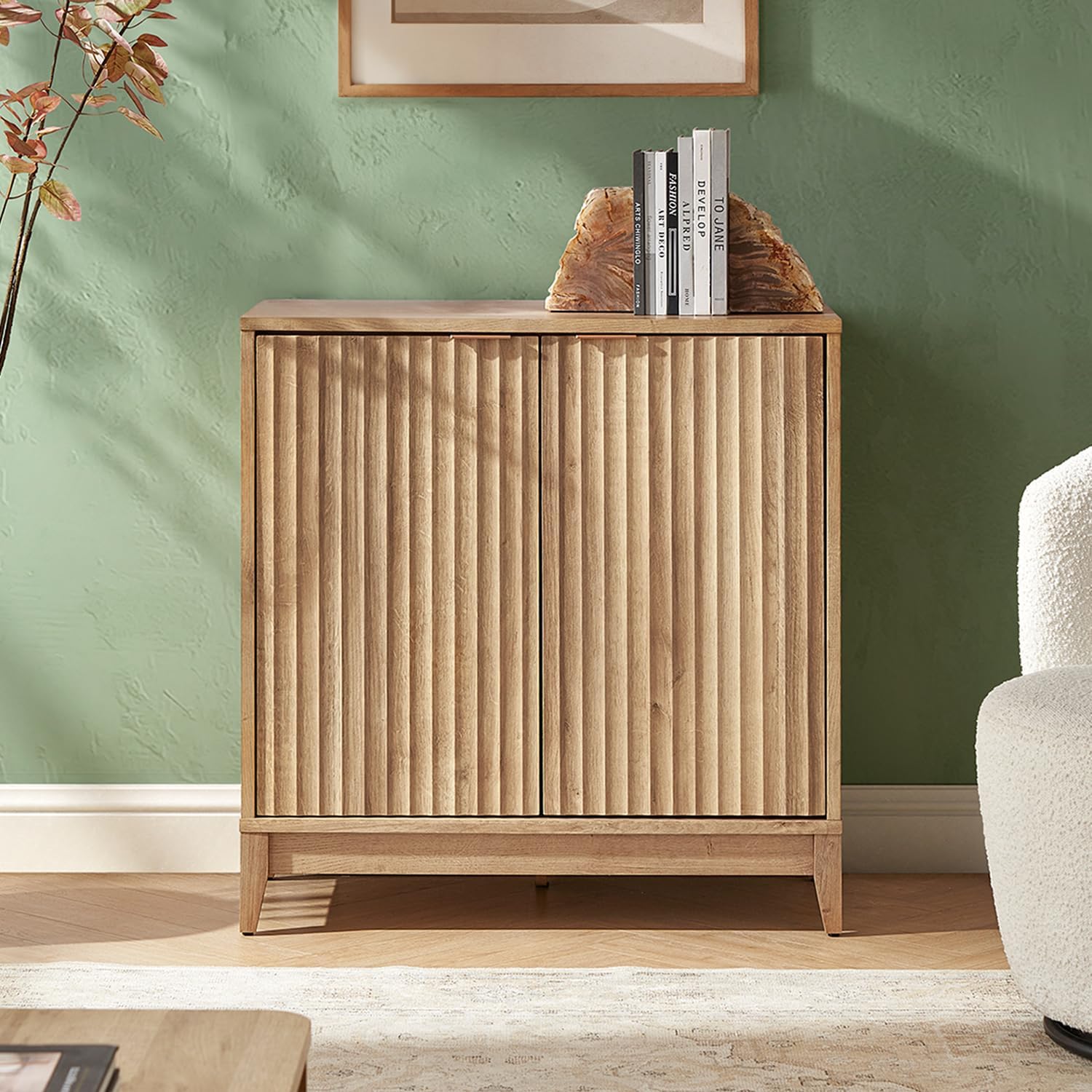 mopio Brooklyn Fluted Storage Cabinet, Modular Accent Buffet Sideboard with Adjustable Shelf, FSC Certified 50lb Load Modern Farmhouse Wood Credenza for Dining, Living Room, Entryway (Oak, Single)