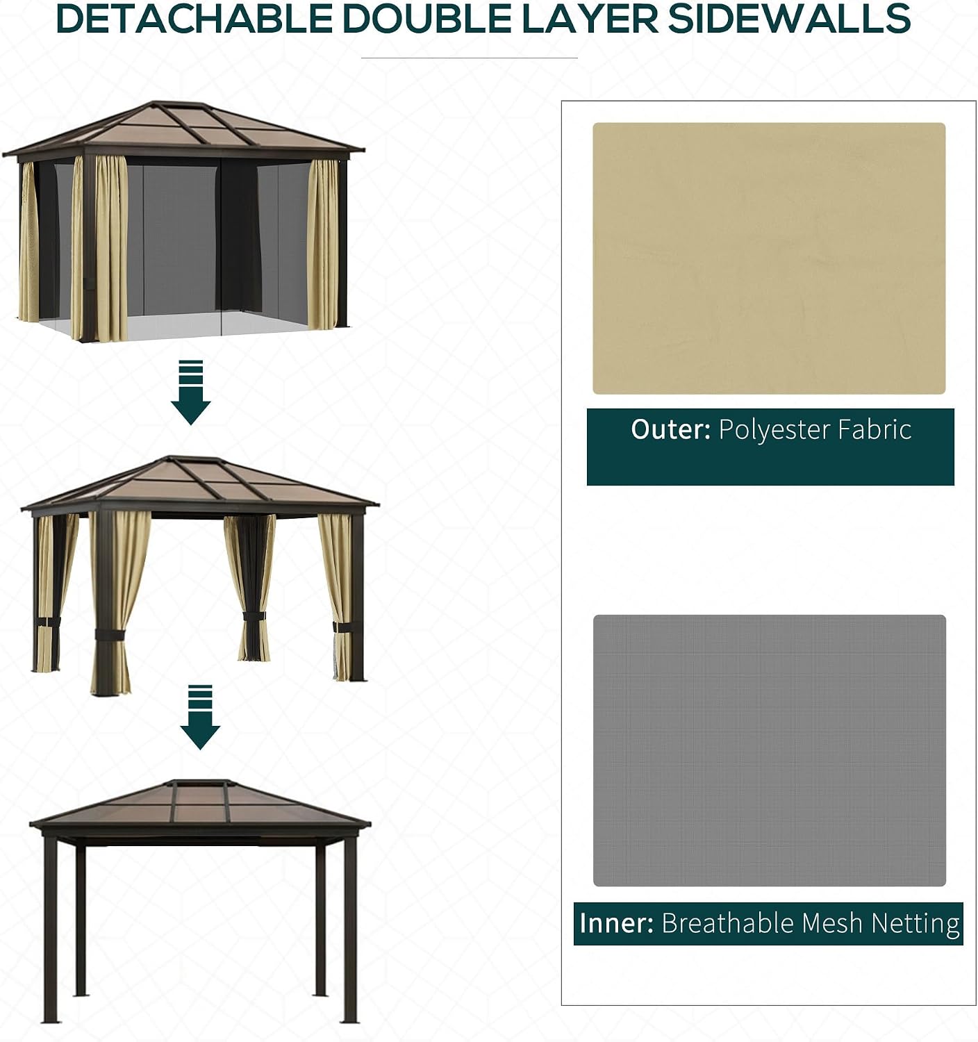 Outsunny 10' x 12' Hardtop Gazebo Canopy with Polycarbonate Roof, Aluminum Frame, Permanent Pavilion Outdoor Gazebo with Netting, for Patio, Garden, Backyard, Deck, Lawn, Black, Beige