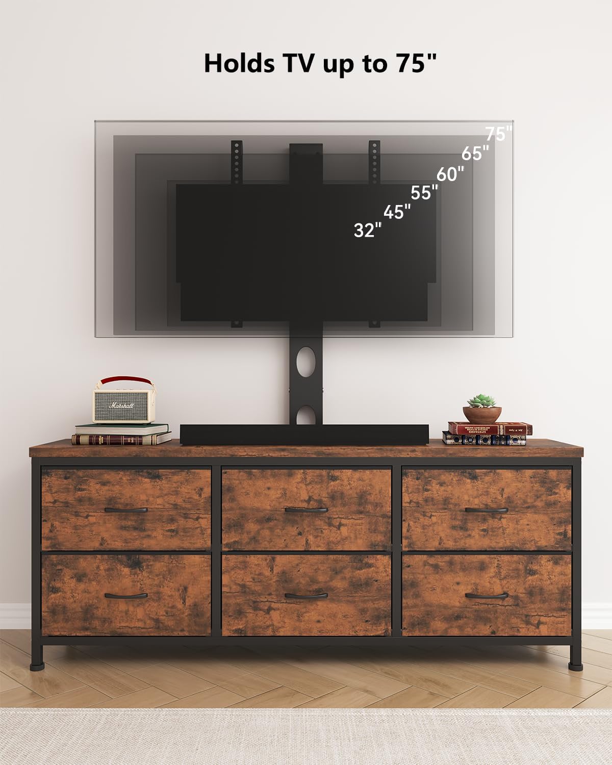 TV Stand with Mount, Fabric Dresser with 6 Drawers for 32/45/55/60/65/75 inch TVs, Dresser Entertainment Center, Modern Media TV Console Table