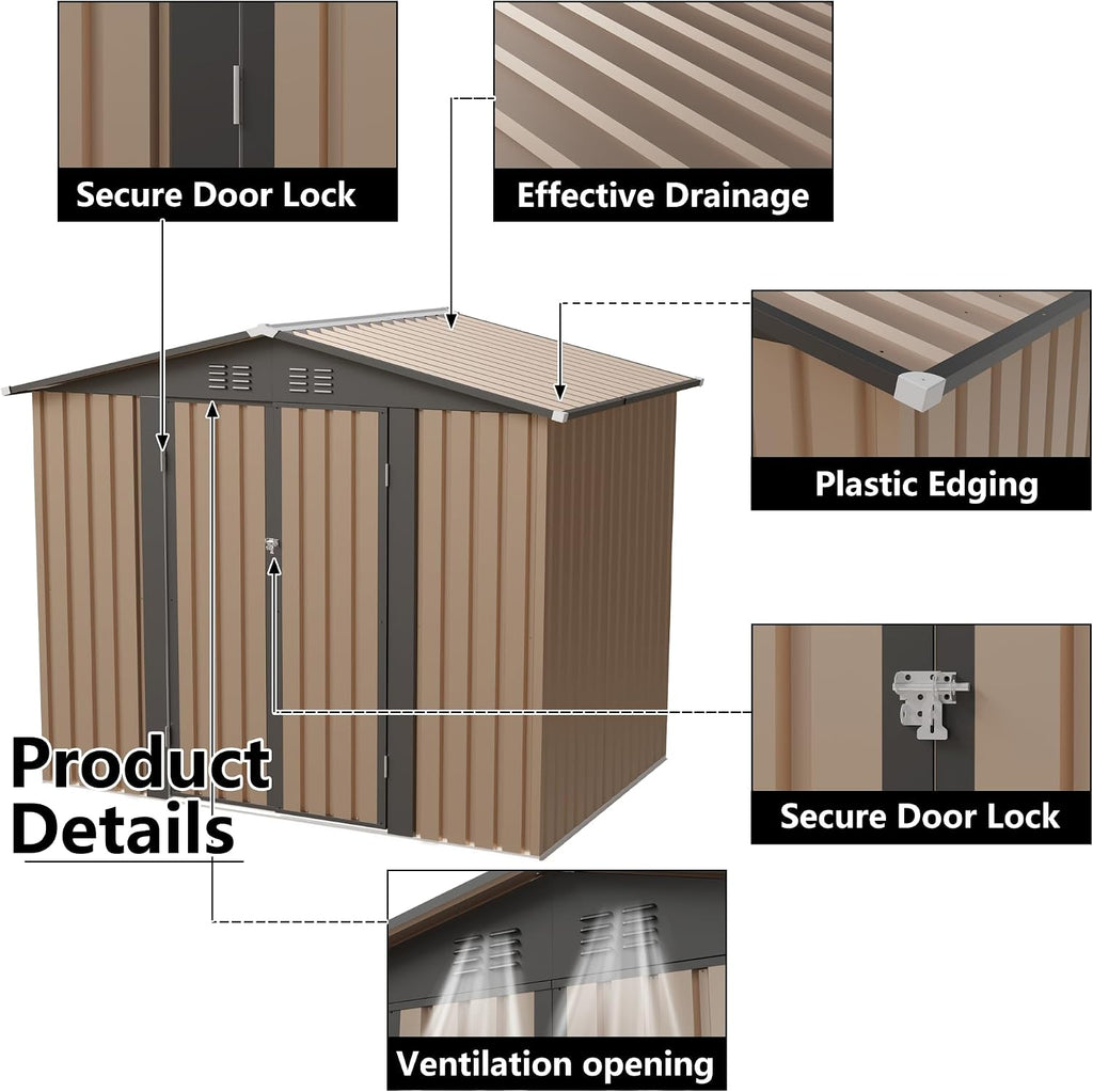 8x6 FT Outdoor Storage Shed, Galvanized Tool Shed, Metal Garden Shed with Apex Roof & Lockable Door & 2 Gloves, Waterproof Rust-Resistant for Backyard Garden Lawn Patio, Brown