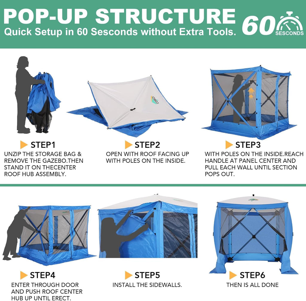 COBIZI 6x6 Pop up Gazebo Tent on Clearance, Ez up Waterproof Screen Tent Screen House with 3 sidewalls,Portable Outdoor Canopy with Carry Bag & Ground Stakes for Camping,Garden and Picnics, Blue