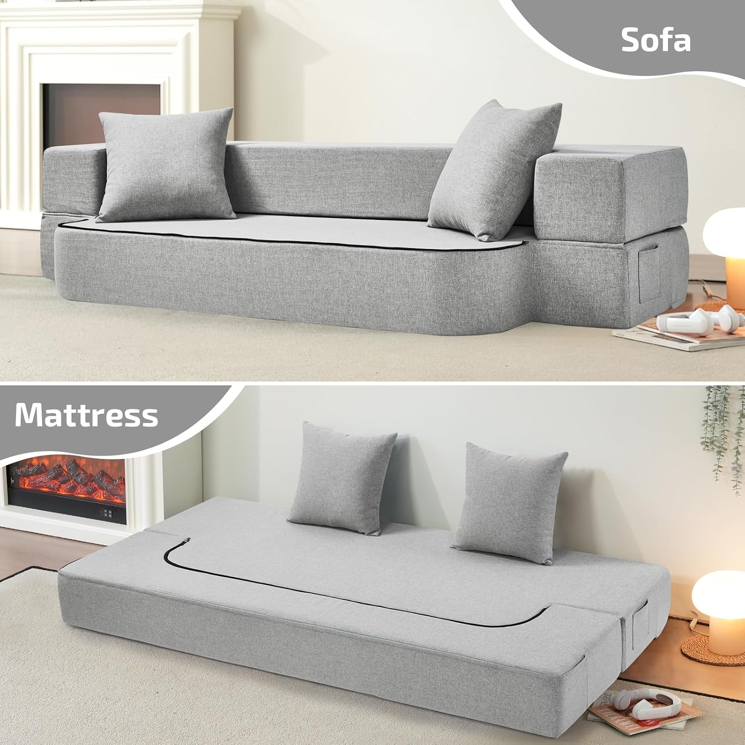 SUYOLS 2-in-1 Folding Sofa Bed with Pillows - Folding Chair Floor Couch & Sleeping Mattress - Washable Cover & Memory Foam Sleeper Chair for Living Room/Guest Room/Apartment/Loft, Light Gray, Twin XL