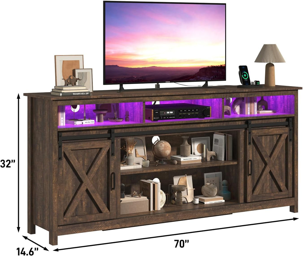 jiteentarou Farmhouse TV Stand for 80/75 Inch TV with Power Outlet, LED Entertainment Center with Storage and Sliding Barn Doors, Wood Media Console for Living Room, Brown
