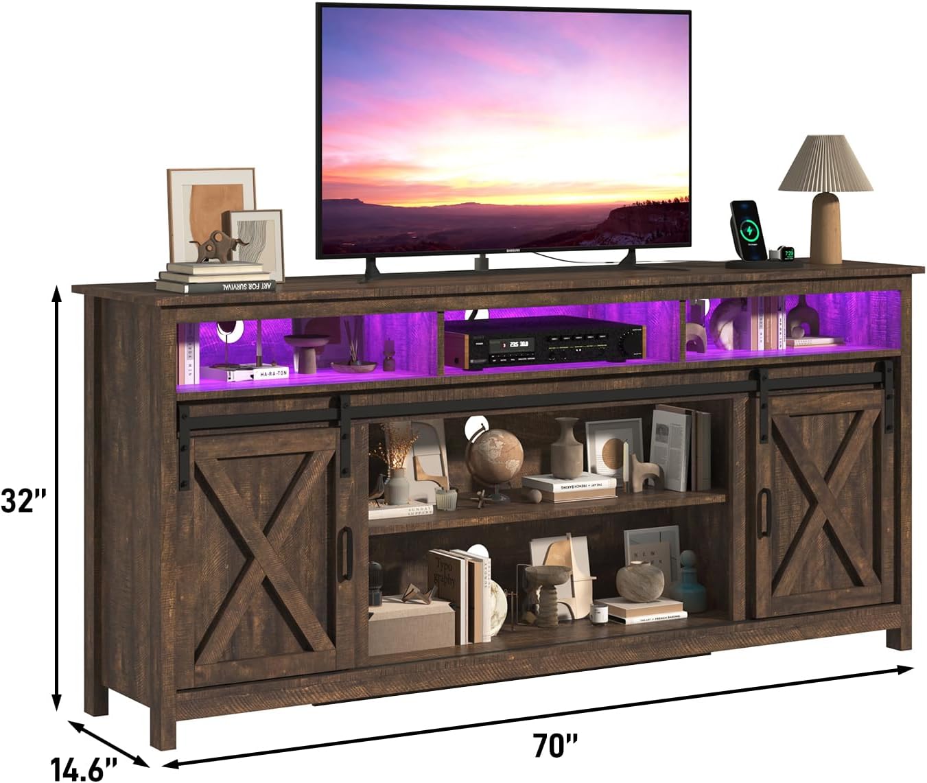 jiteentarou Farmhouse TV Stand for 80/75 Inch TV with Power Outlet, LED Entertainment Center with Storage and Sliding Barn Doors, Wood Media Console for Living Room, Brown