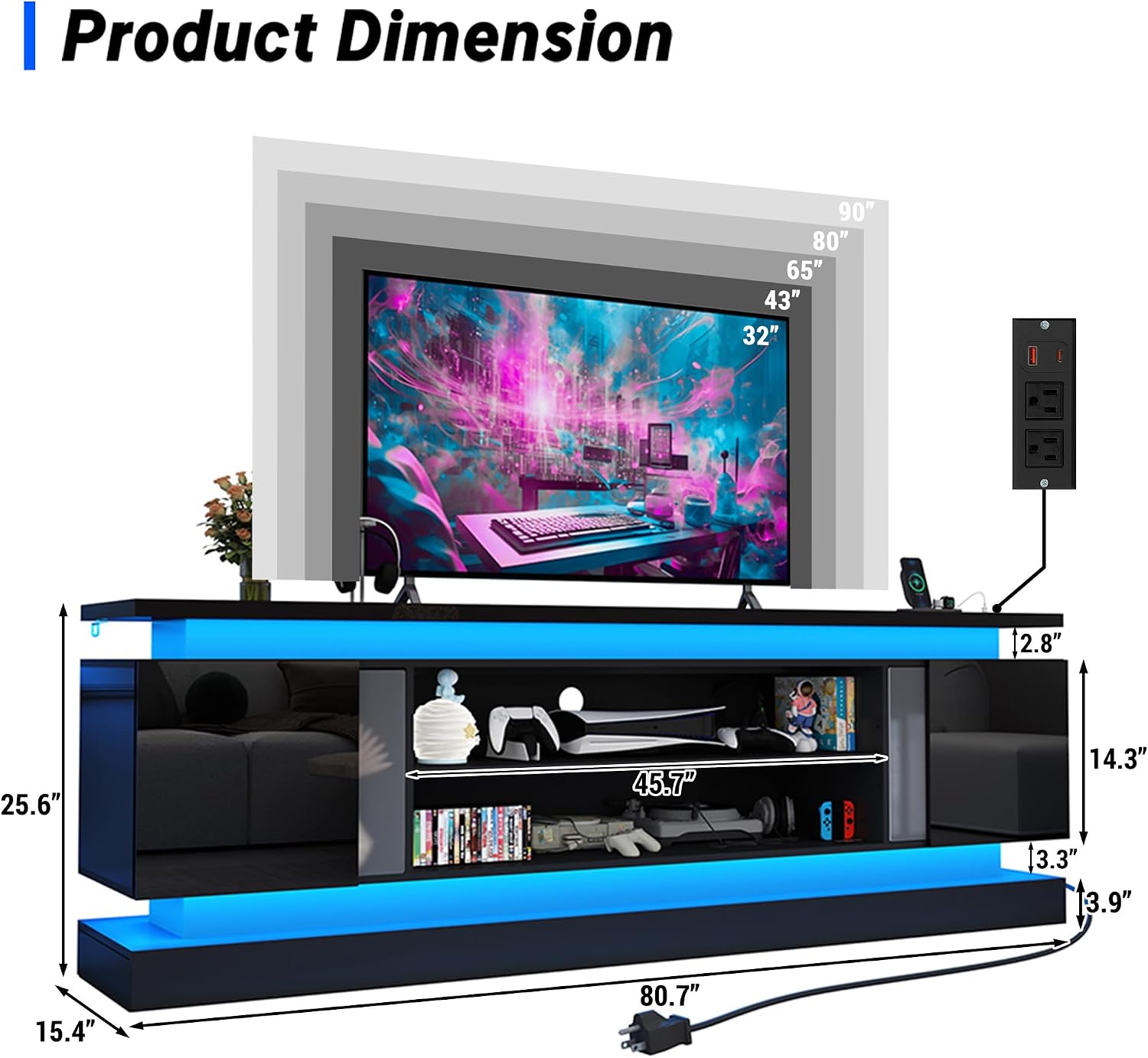 chartustriable 81IN LED TV Stands w/Power Outlet for 90/80/75 Inch TVs,High Glossy Modern Tall Entertainment Center TV Media Console Gaming with 2 Storage Cabinets,Dual LED Lights,Black