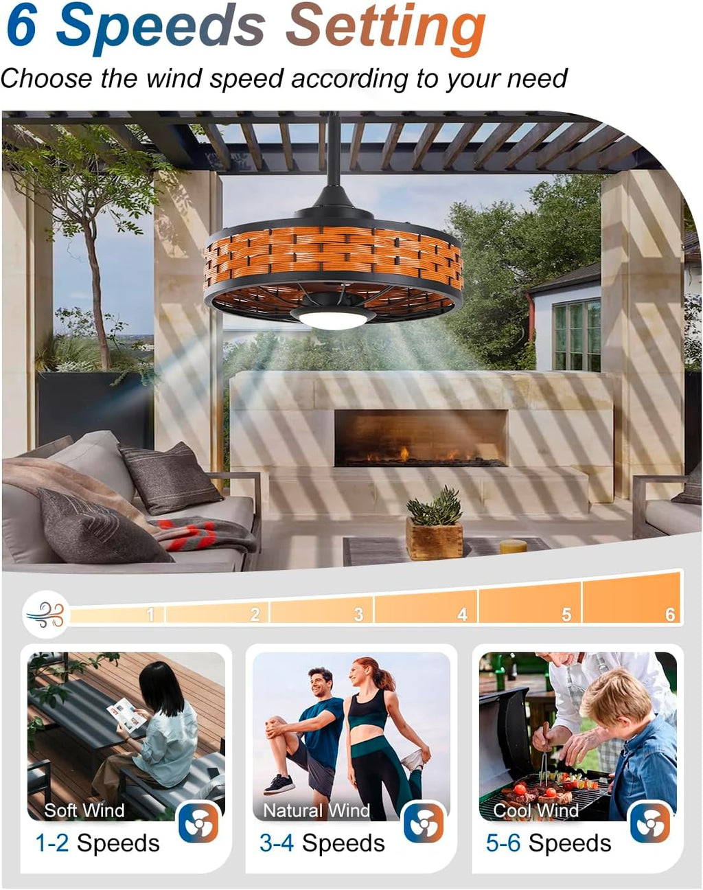 Outdoor Ceiling Fans with Light for Patios, 20' Weatherproof Gazebo Fan with Hanging Hook, Remote Control & APP, 6 Speeds, 3CCT, Caged Plug in Ceiling Fan for Patio