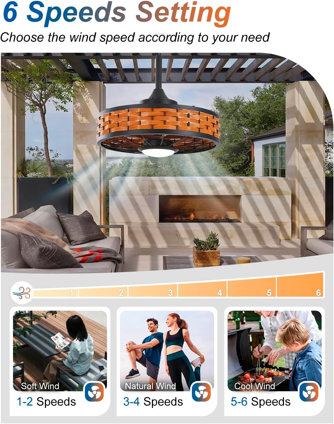 Outdoor Ceiling Fans with Light for Patios, 20' Weatherproof Gazebo Fan with Hanging Hook, Remote Control & APP, 6 Speeds, 3CCT, Caged Plug in Ceiling Fan for Patio