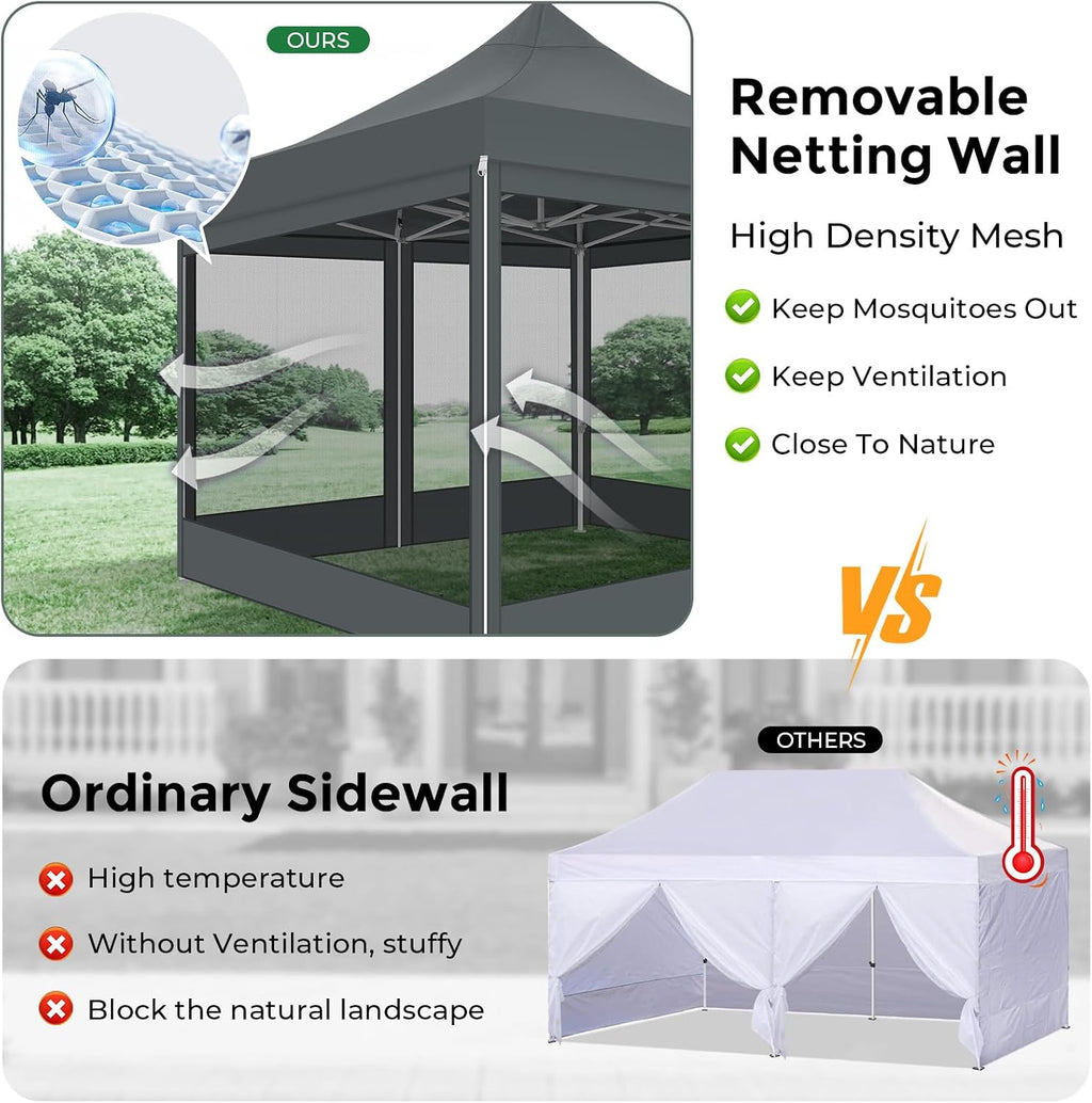 COBIZI 10x10 Heavy Duty Pop Up Canopy Tent with 4 Sidewalls, Easy Set Up Outdoor Waterproof Screen Commercial Party Tent with Mosquito Netting for Parties Backyard Patio, Carry Bag, Gray
