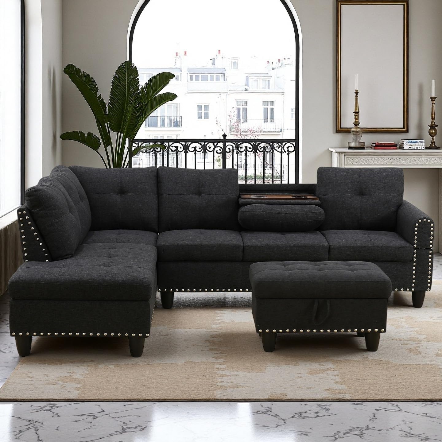 97.5' L Shaped Couch Set Linen, Modular Sectional Couches for Living Room with Storage Ottoman, 4 Seat Home Sofa Living Room Furniture Sets with Chaise for Apartment Office (Black Grey)