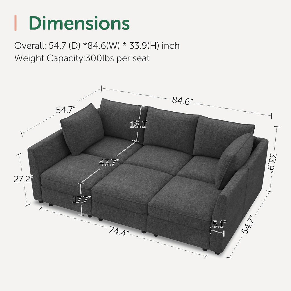 HONBAY Modular Sofa Sectional Sleeper Couch with Storage Modular Couch Convertible Couches for Living Room - Snowflake Velvet Grey