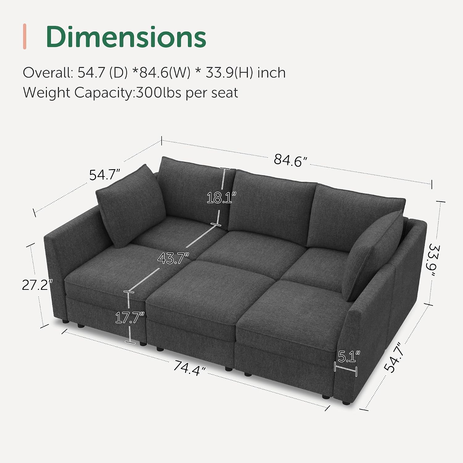HONBAY Modular Sofa Sectional Sleeper Couch with Storage Modular Couch Convertible Couches for Living Room - Snowflake Velvet Grey