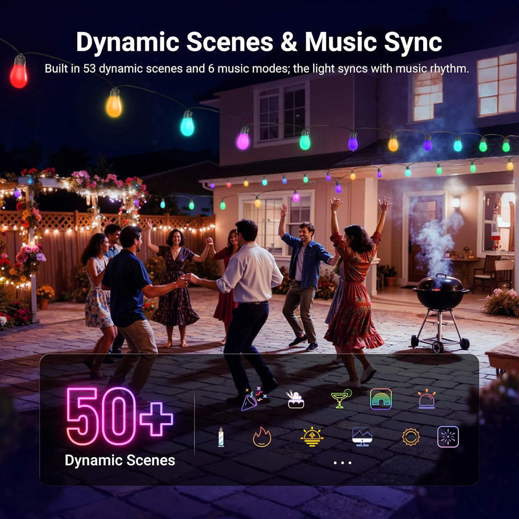 NEEWER 144ft Outdoor String Lights, App Control Smart AI RGBW Dimmable Patio Balcony Backyard Outside Hanging Lighting, IP65 Waterproof, 45 LED Bulbs, 50+ Scenes, Compatible with Alexa Google, NR01