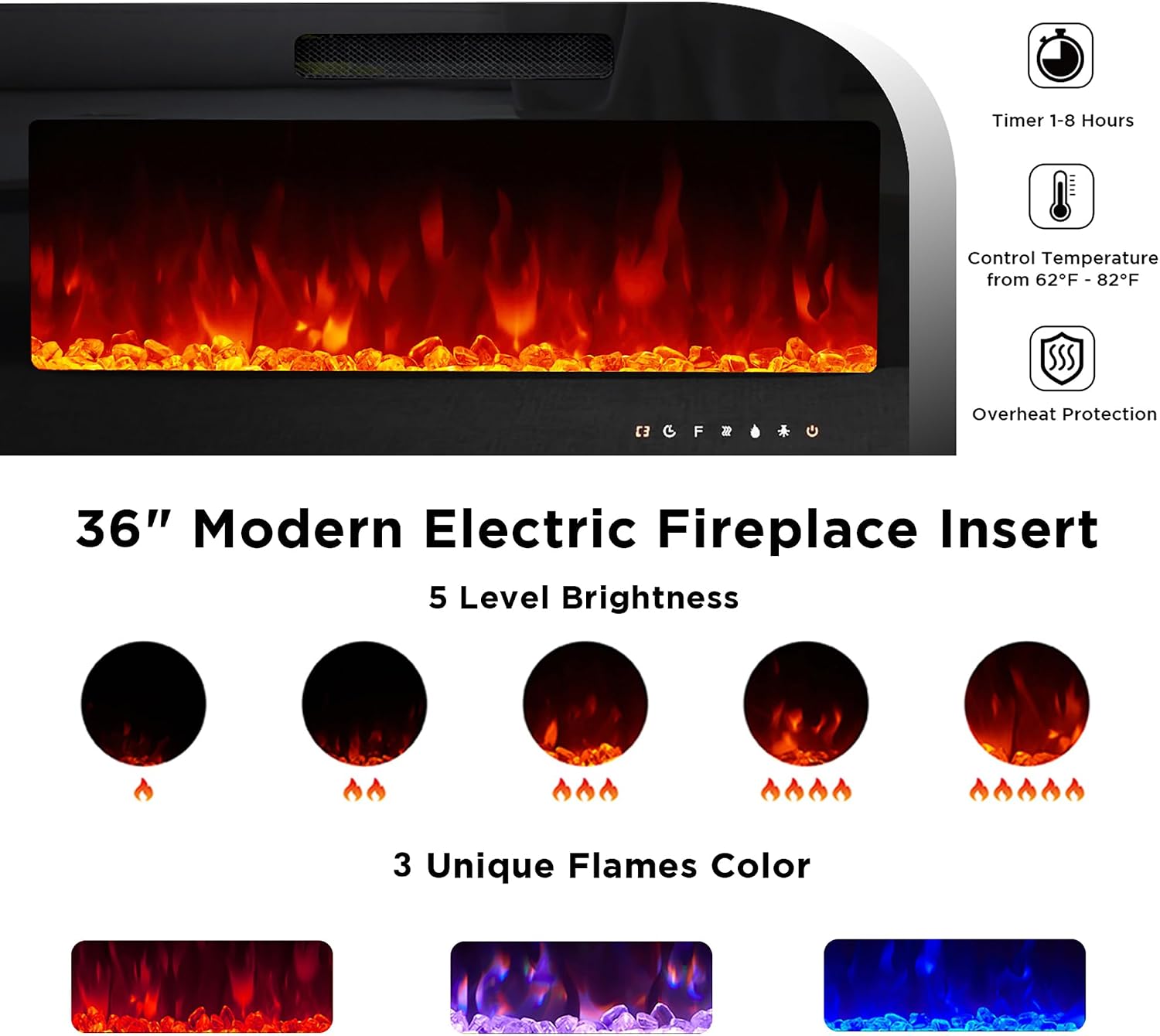 VanAcc 70' Fireplace TV Stand with 36' Electric Fireplace, High Gloss Entertainment Center with LED Lights, Modern Entertainment Stand for TVs up to 80', Rustic Oak&Black