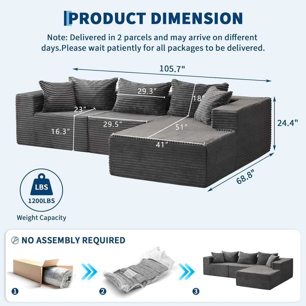 Garvee 108' Comfy Cloud Sectional Couch with Chaise, L Shaped Boneless Sofa | Gray Couches for Living Room, Modular Sofa Couch & Bed, No Assembly Required, (Gray, Left Facing Chaise)