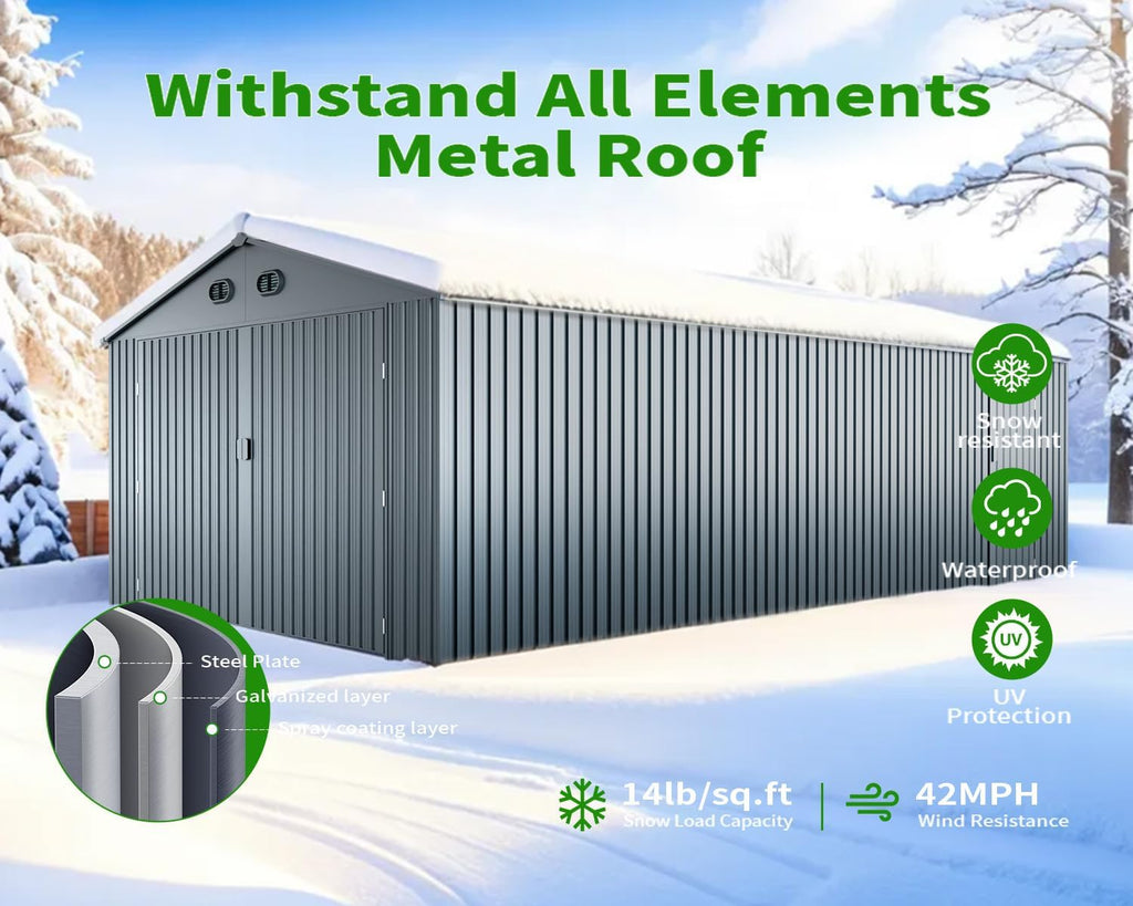 20 x 10 FT Outdoor Storage Shed, Large Metal Garden Shed with 2 Lockable Doors, Tool Shed Outdoor Storage with 4 Air Vents, Garage Shed Waterproof for Car, Truck, Bike, Garbage Can, Tool, Dark Gray