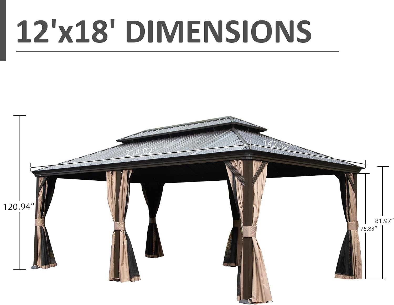 Domi 12' X 18' Hardtop Gazebo, Upgraded Metal Gazebo with Drainage System, Dual-Layer Galvanized Steel Roof, Curtain and Netting, Outdoor Shelter Canopy for Patio, Garden, and Backyard, Brown
