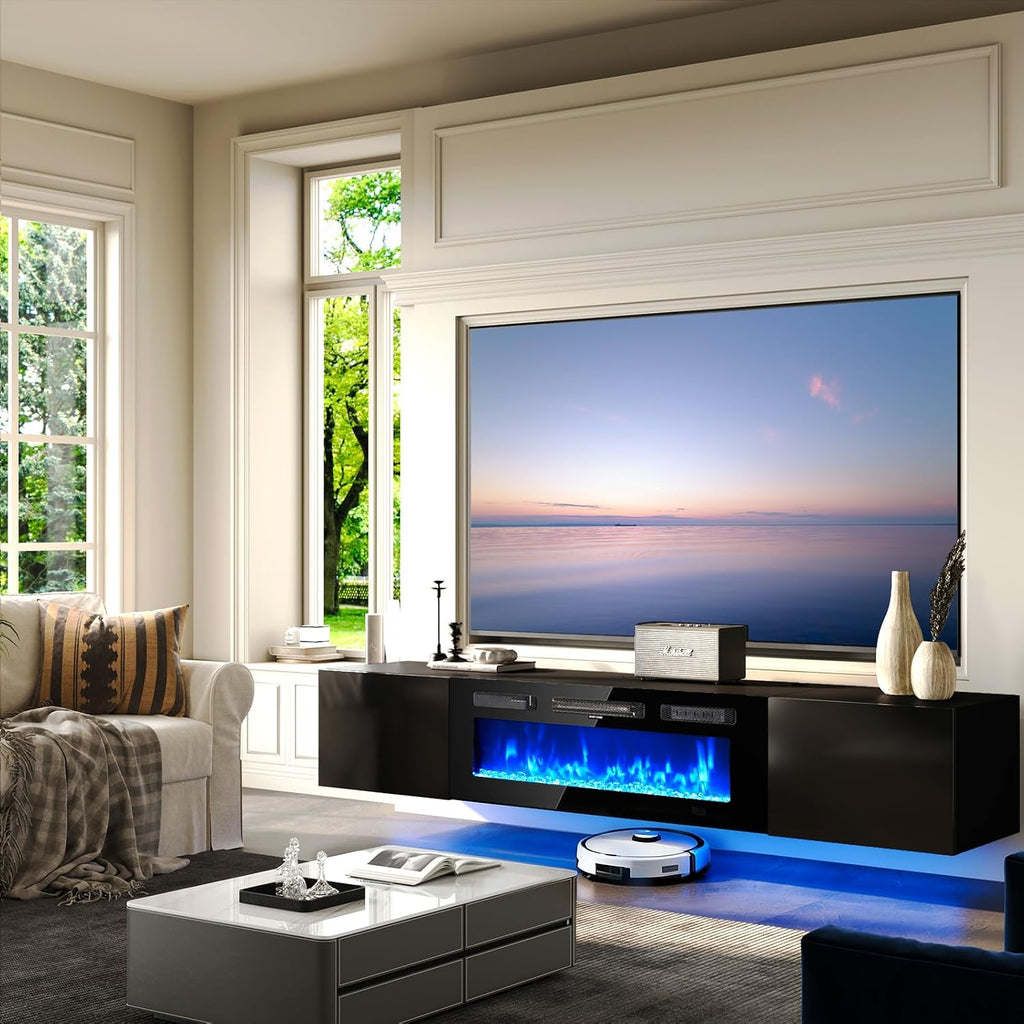 70'' Floating TV Stand with 36' Electric Fireplace, Wall Mounted Entertainment Center with Storage for TVs up to 80', Adjustable 12-Color LED Media TV Console for Living Room,All Black