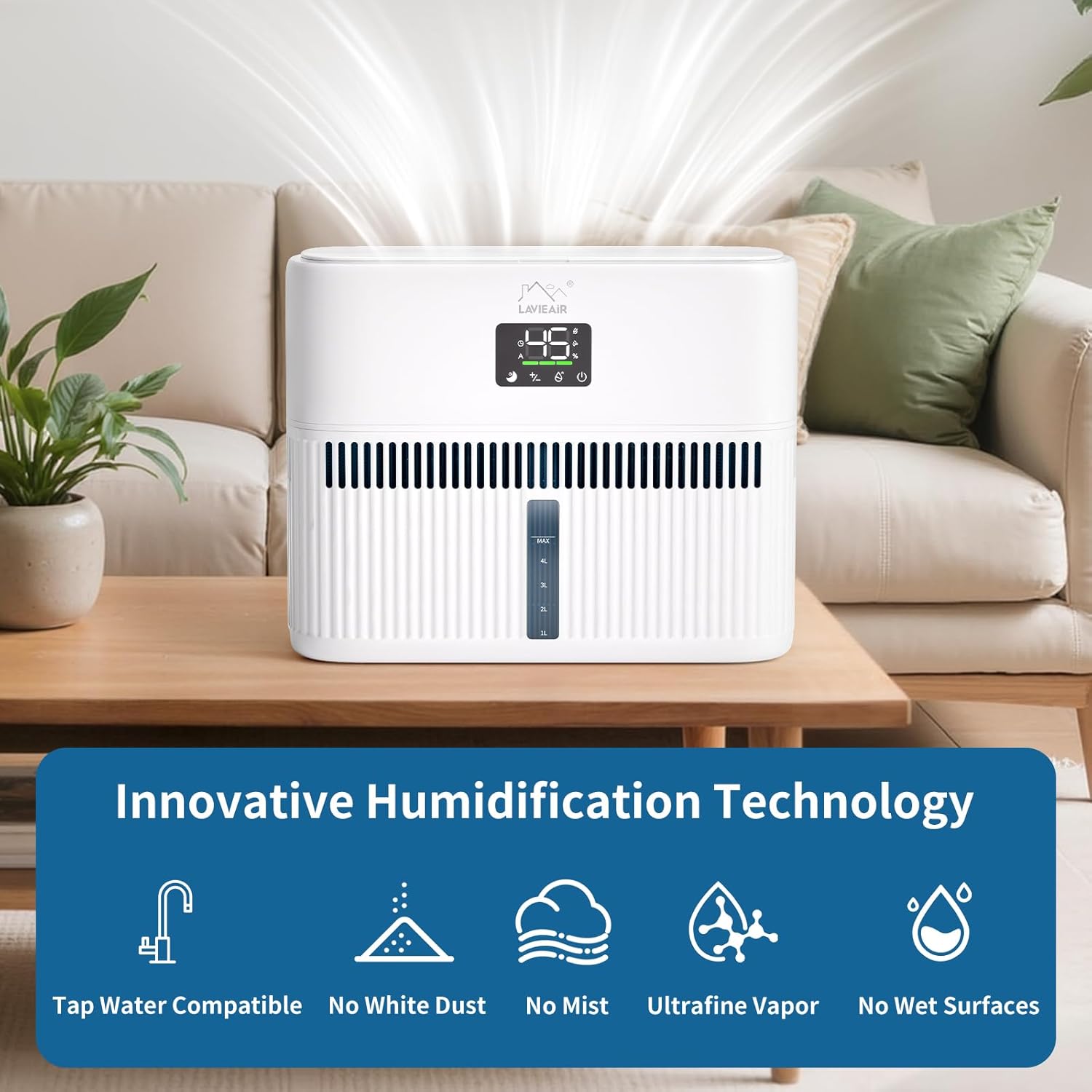LAVIEAIR Evaporative Humidifiers for Bedroom, Living Room, Nursery, Large Room up to 300 ft², Mist-free No White Dust Top Fill Humidifier for Baby, Plants, 5L Tank, Max 48H Runtime, Easy to Clean