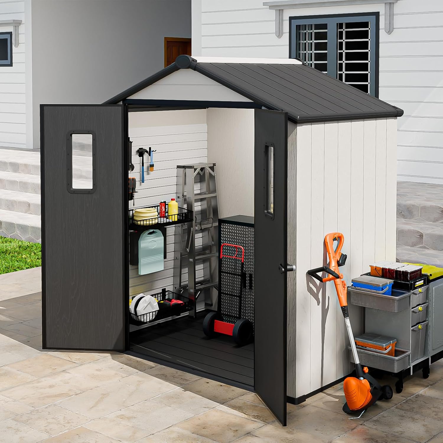 6x4 Outdoor Storage Shed with Floor, Heavy Duty Resin Tool Shed, Weather Resistant Garden Storage Building with Windows, White/Gray