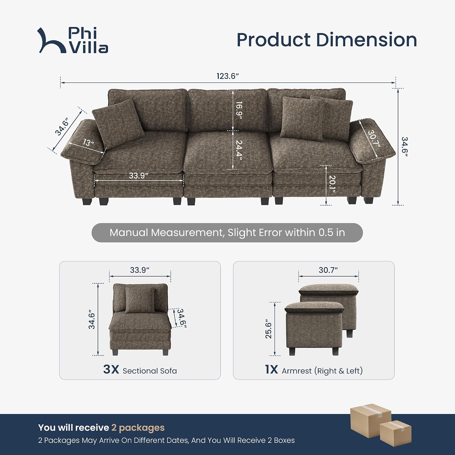 PHI VILLA Modern Modular Couches Sets, 123.6' Cloud Sectional Sofa with Upholstered Deep Seat, 3-Seater Couch for Living Room Small Spaces, Chenille Fabric, Smoky Grey