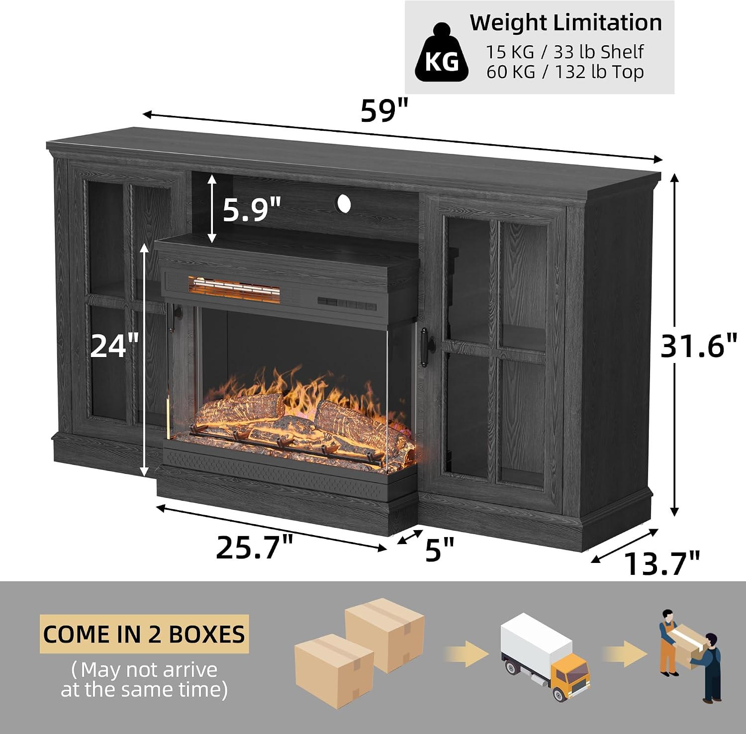 YESHOMY Glass Fireplace TV Stand for Televisions up to 65', Media Entertainment Center Console Table with Doors Closed Storage, Black