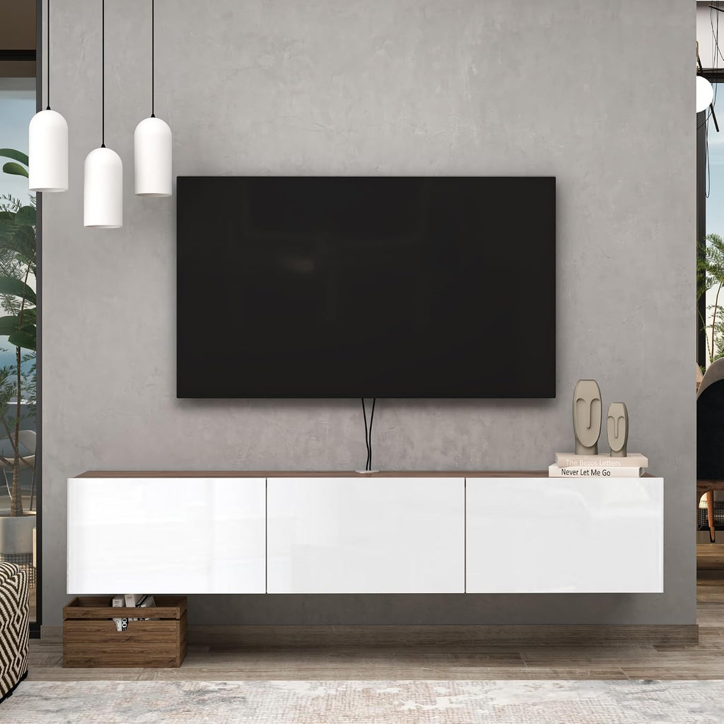 Floating TV Stand Glossy White for 65-80 Inch TV, 63' Wall Mounted TV Stand with Storage, White and Wood Floating Entertainment Center with Cable Management, Floating Media Console for Living Room