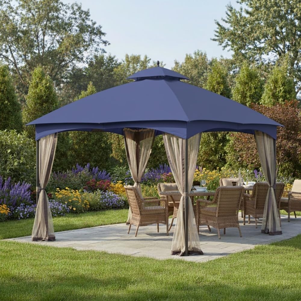 Garden Winds Reinforced RipLock 350 Replacement Canopy Top Cover Compatible with Massillon Biscayne 10' x 12' Gazebo Model L-GZ933PST – True Navy
