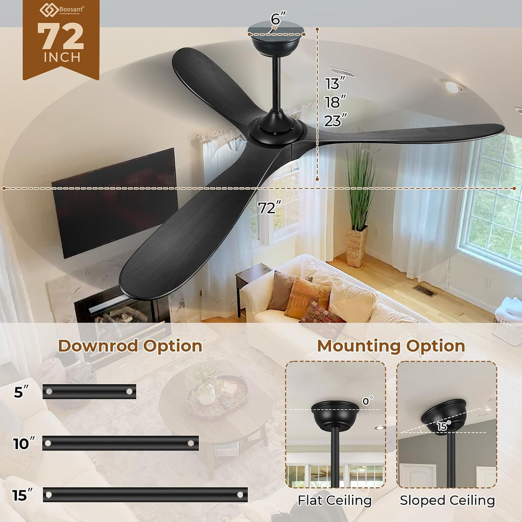 72' Outdoor Ceiling Fans with Lights and Remote Control, Large Ceiling Fan with Lights High CFM Quiet 3 Wood Blade Propeller Outdoor Fan,Propeller Ceiling Fan for Patio,Matte Black