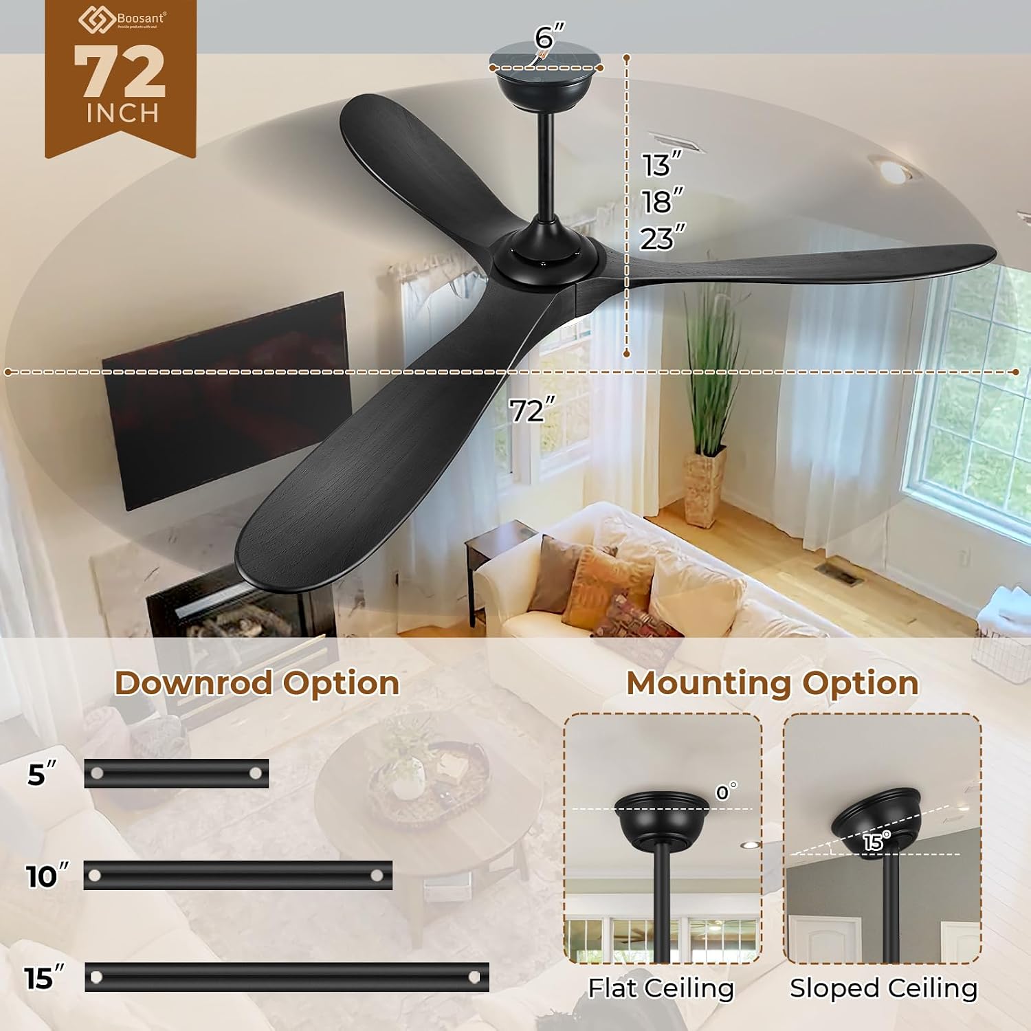 72' Outdoor Ceiling Fans with Lights and Remote Control, Large Ceiling Fan with Lights High CFM Quiet 3 Wood Blade Propeller Outdoor Fan,Propeller Ceiling Fan for Patio,Matte Black