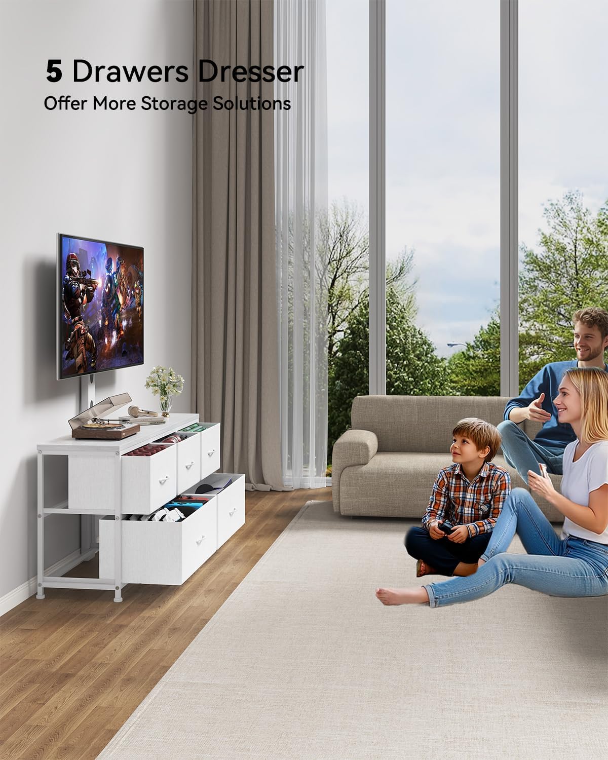 TV Stand with Mount, Fabric Dresser with 5 Drawers for 32/45/55/60/65/75 inch TVs, White Dresser Entertainment Center, Modern Media TV Console Table