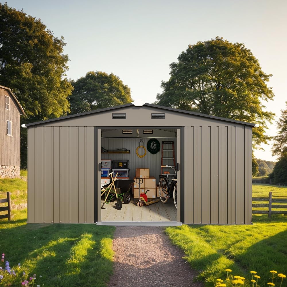 10x12 FT Outdoor Storage Shed with Windows, Brown Color Steel Metal Garden Shed with Protective Film, 0.25mm Roof & Wall Panels, Gift Tool Kit Included