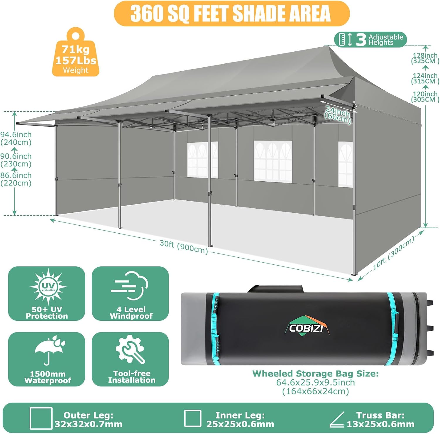COBIZI 10x30 Pop Up Canopy Tent with Awning,Heavy Duty Canopy UPF 50+ All Season Wind Waterproof Commercial Outdoor Street Vendors Party Tents for Parties Canopy with Roller Bag(10 x 30 ft Gray)