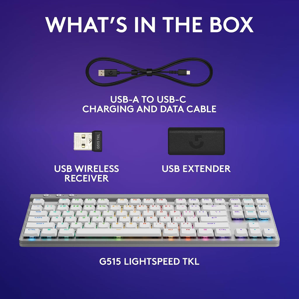 Logitech G515 Lightspeed TKL Low Profile Wireless Gaming Keyboard, LIGHTSYNC RGB, Thin Tenkeyless Design, Double-Shot PBT Keycaps, Linear (Red) Mechanical Switches - White