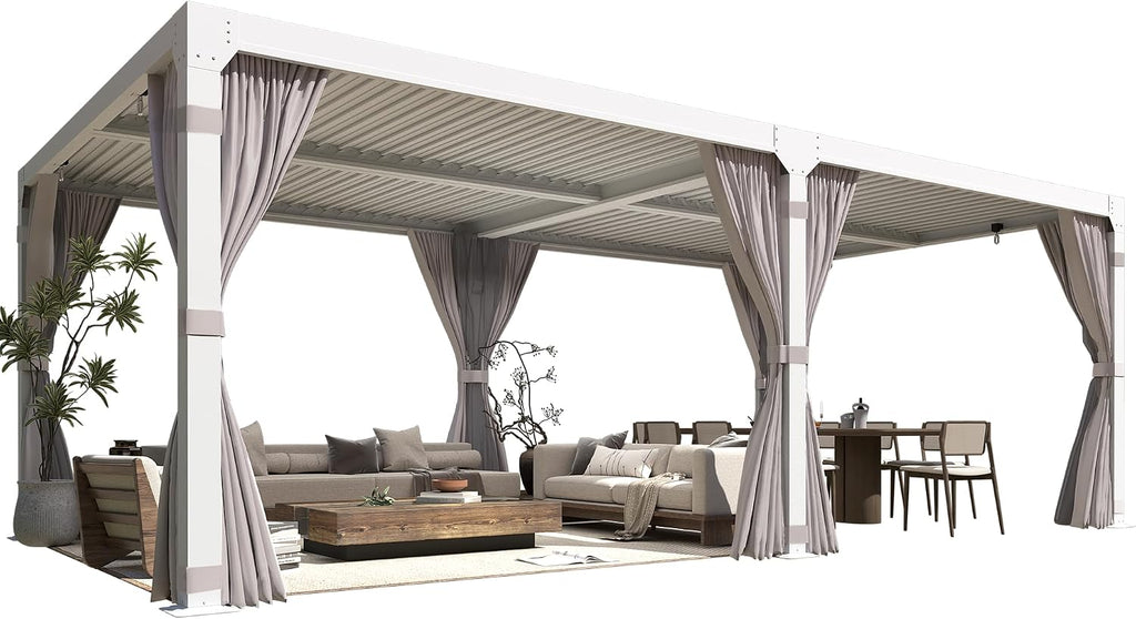 YOLENY Louvered Pergola 10x20, Aluminum Gazebo with Adjustable Waterproof Roof, Curtains and Netting Included, Deck and Backyard, White