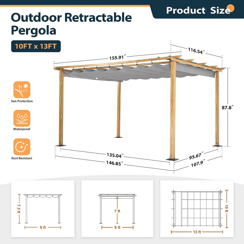 HAPPATIO 10' X 13' Retractable Pergola Canopy for Backyard, Garden, Patio; Woodgrain-Look Aluminum Frame with Retractable Pergola Canopy, Includes Anchors and Expansion Screws (Grey)