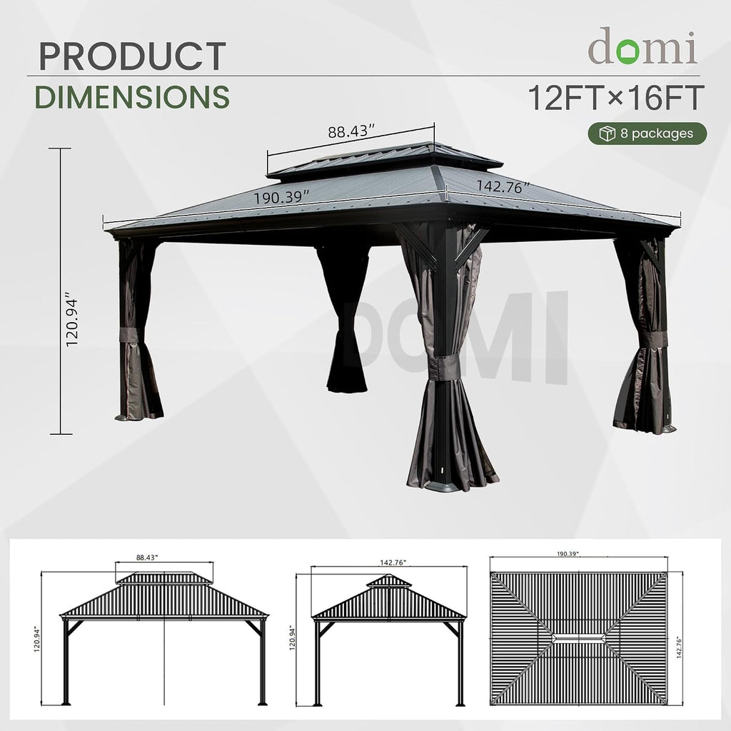 Domi 12' X 16' Hardtop Gazebo, Upgraded Metal Gazebo with Dual-Layer Resin Roof, Drainage System, Curtain and Netting, Outdoor Shelter Canopy for Patio, Garden, and Backyard, Grey