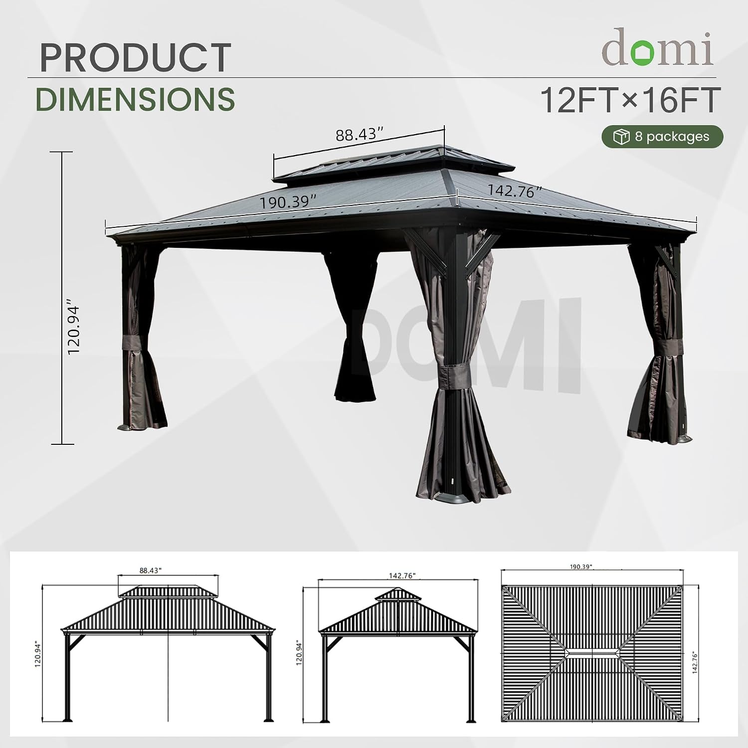 Domi 12' X 16' Hardtop Gazebo, Upgraded Metal Gazebo with Dual-Layer Resin Roof, Drainage System, Curtain and Netting, Outdoor Shelter Canopy for Patio, Garden, and Backyard, Grey